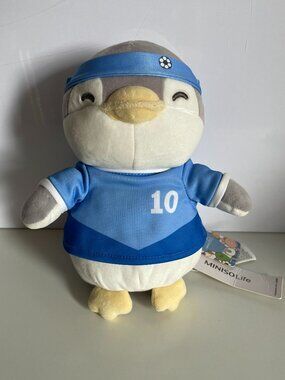 Miniso Football Penguin Plush Stuffed Blue Gray Soccer Cuddle Bird Toy 8"